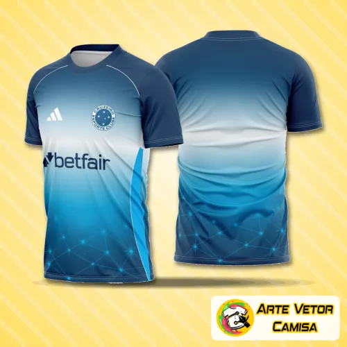 Foto da camisa Cruzeiro com logo no peito e estampa grande nas costas exibindo design moderno e marcante, ideal para torcedores que valorizam estilo e identidade em cada detalhe.