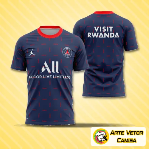 Foto da camisa de aquecimento do PSG temporada 2021-2022 destacando o logo no peito e uma estampa grande nas costas com design moderno e cores vibrantes.