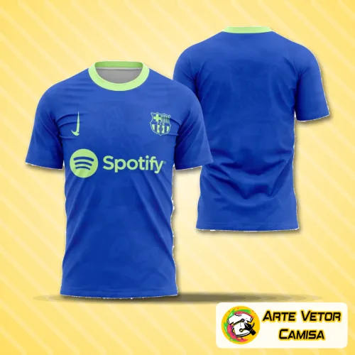 Camisa de pré-jogo Barcelona 2024-2025 com logo no peito destacado e estampa grande nas costas que realça o design moderno e vibrante do time.