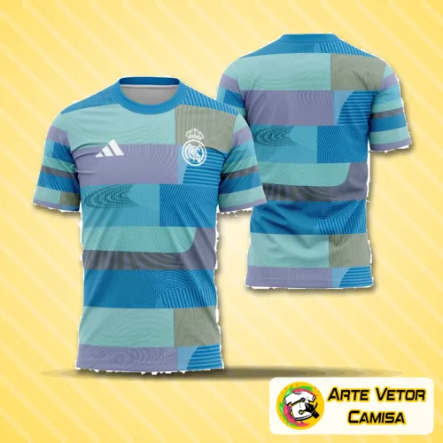 Camisa com logo no peito em destaque e estampa grande nas costas mostrando design único do Real Madrid para temporada 2025-2026 com cores vibrantes e detalhes modernos.