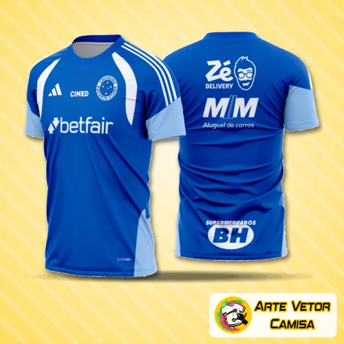 Camisa de treino do Cruzeiro 2026 com logo no peito e estampa grande nas costas, design moderno e vibrante que destaca as cores tradicionais do time.