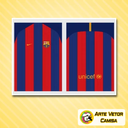 Camisa com logo no peito e estampa grande nas costas, inspirada no estilo do Barcelona, apresentando detalhes vibrantes e design marcante ideal para quem busca autenticidade e paixão pelo futebol.