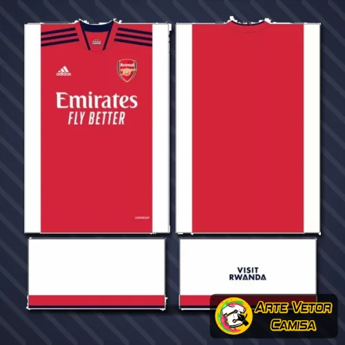 Camisa com logo no peito e estampa grande nas costas em um design inspirado no Arsenal, destacando cores vibrantes e detalhes que remetem à identidade do time.