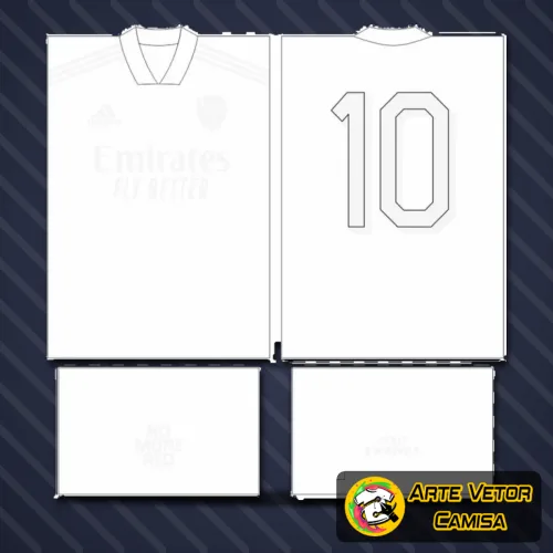 Imagem de uma camisa com o logo do Arsenal no peito e uma estampa grande nas costas que destaca a identidade do time em um visual vibrante e moderno.