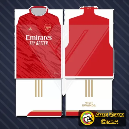 Camisa com logo no peito e estampa grande nas costas, destacando design inspirado no Arsenal, com cores vibrantes e detalhes que remetem ao time, ideal para quem ama futebol e estilo autêntico.