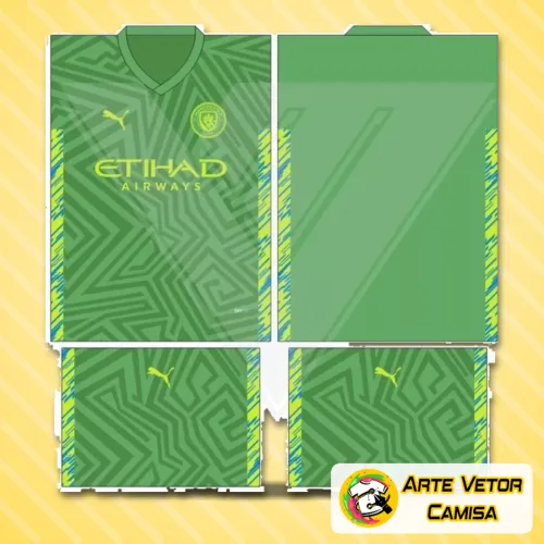 Camisa com logo no peito e estampa grande nas costas, inspirada no estilo Manchester City 2024, com linhas modernas e cores suaves que destacam cada detalhe do design final.