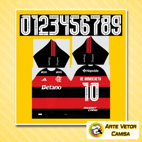 Imagem da camisa Flamengo 2026 com logo no peito e estampa grande nas costas, destacando as cores vermelho e preto em design vibrante e moderno.