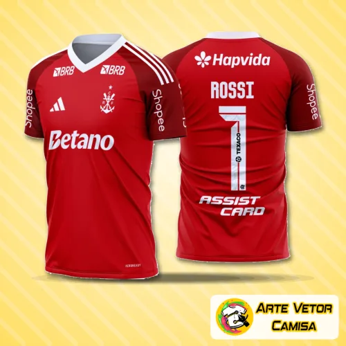 Camisa Flamengo goleiro com logo no peito em destaque e estampa grande nas costas, combinando o vermelho e preto tradicionais em design moderno que ressalta a identidade do time no uniforme completo
