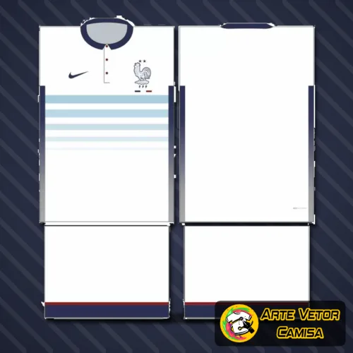 Camisa estilizada com logo no peito e estampa grande nas costas destacando as cores e símbolos da França, em visual moderno e vibrante ideal para quem ama futebol e cultura francesa.