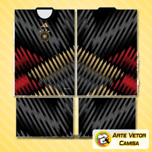 Foto da camisa final com logo no peito e estampa grande nas costas, mostrando detalhes vibrantes e design inspirado na seleção alemã de futebol.