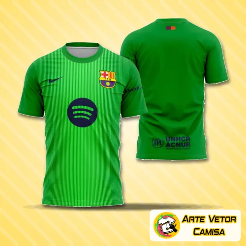 Camisa goleiro Barcelona com logo no peito bem visível e estampa grande nas costas destacando cores vibrantes e design moderno, ideal para fãs do time.