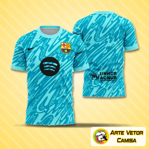 Camisa goleiro Barcelona 2024-2025 exibida com logo no peito e estampa grande nas costas, destacando design marcante e cores vibrantes que representam o time em sua temporada atual.