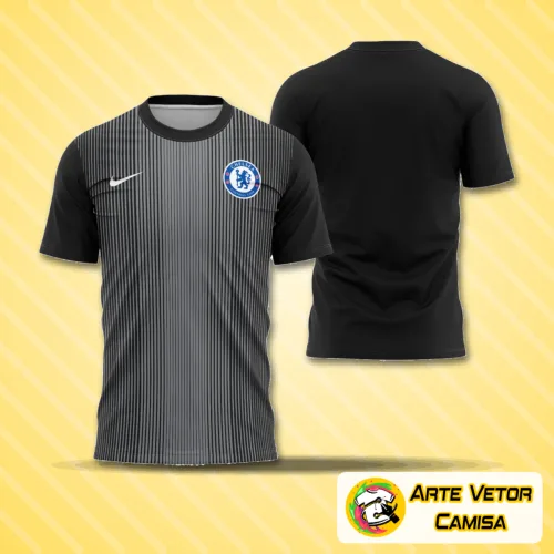 Vista frontal da camisa goleiro Chelsea 2025-2026 com logo no peito bem destacado e estampa grande e vibrante nas costas, exibindo detalhes modernos e cores marcantes.