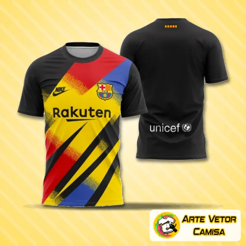 Camisa de goleiro do FC Barcelona com logo no peito e estampa grande nas costas, apresentando design elegante e cores vibrantes que destacam o estilo único do uniforme oficial da temporada 2019-2020.