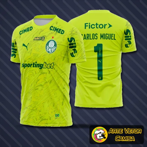 Camisa do Palmeiras 2026 com logo no peito e estampa grande nas costas, destacando o design do uniforme do goleiro em cores oficiais do time.