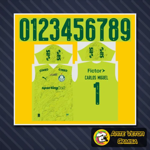 Foto da camisa do Palmeiras 2026 com logo no peito em destaque e estampa grande nas costas, apresentando um design moderno e vibrante, ideal para os fãs do goleiro e do clube.