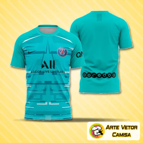 Imagem da camisa com logo no peito e estampa grande nas costas, apresentando design exclusivo do goleiro do PSG na temporada 2019-2020, com cores vibrantes e detalhes marcantes que destacam a peça.