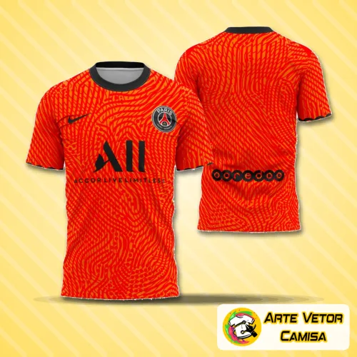 Camisa goleiro PSG com logo no peito e estampa grande nas costas em um design vibrante e moderno, destacando cores e detalhes que remetem à temporada 2020-2021.