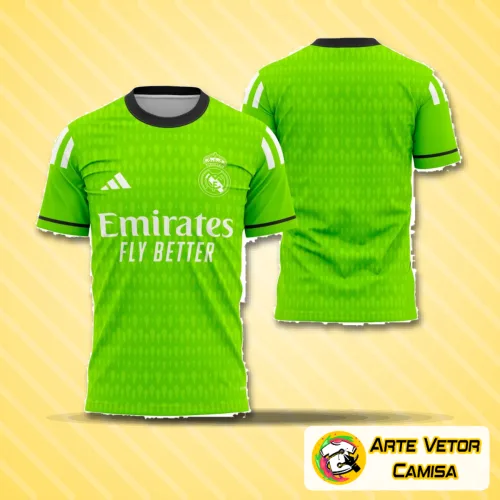 Camisa do goleiro do Real Madrid 2023-2024 exibindo destaque no logo no peito e estampa grande nas costas com design moderno e cores vibrantes em fundo neutro.