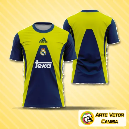 Camisa do goleiro do Real Madrid 1999-2000 com logo no peito e estampa grande nas costas, exibindo design marcante e cores vibrantes que remetem à época dourada do clube espanhol