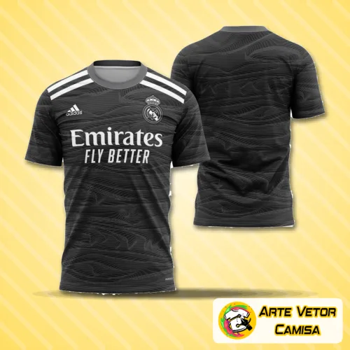 Imagem da camisa do goleiro do Real Madrid com o logo no peito e uma estampa grande nas costas, mostrando detalhes vibrantes e design elegante que chama a atenção dos fãs de futebol.