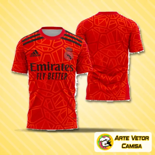 Foto da camisa goleiro Real Madrid 2022-2023 com logo no peito em destaque e estampa grande nas costas vibrante e detalhada, mostrando design moderno e cores autênticas da temporada atual
