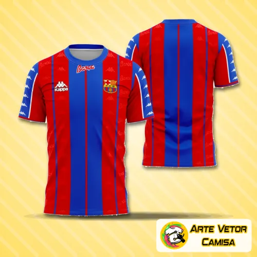 Camisa com logo no peito do Barcelona e estampa grande nas costas mostrando detalhes clássicos da temporada 1997-1998, em cores vibrantes e design retrô que destaca a identidade do time.