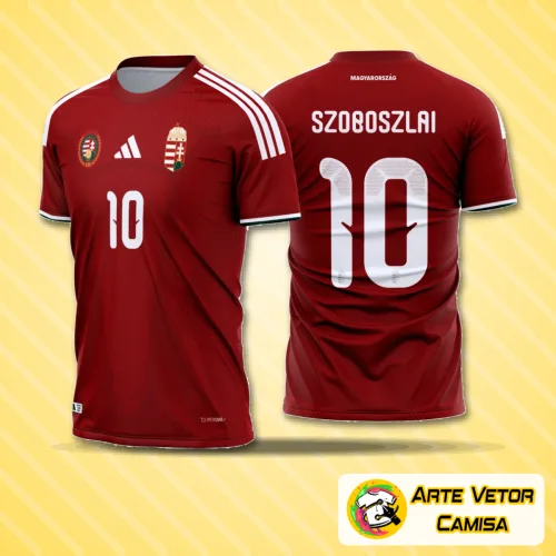 Camisa Hungria oficial com logo no peito e estampa grande nas costas, destacando o design moderno e as cores vibrantes do uniforme titular da seleção para 2026-28.