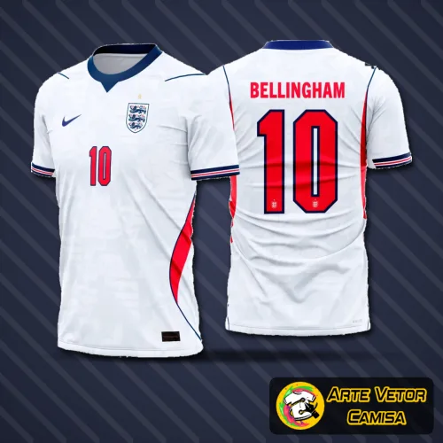 Camisa final da Inglaterra 2026-28 com logo no peito e estampa grande nas costas, destacando design moderno e detalhes sofisticados que remetem à tradição do time de futebol