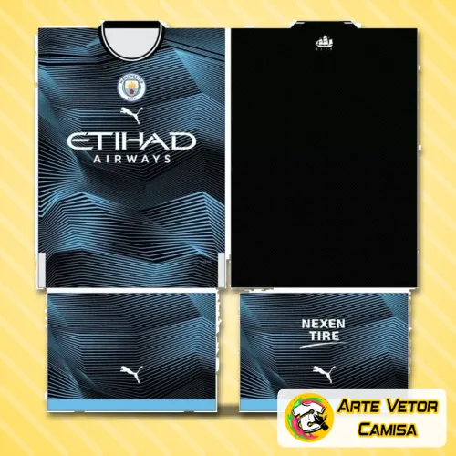 Camisa final com logo no peito e estampa grande nas costas mostrando design moderno e elegante, combinando cores características do Manchester City em estilo impactante e visual dinâmico.