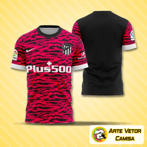 Foto da camisa do Atlético de Madrid com logo no peito e estampa grande nas costas, destacando cores vibrantes e design moderno que evidencia paixão pelo time e estilo único