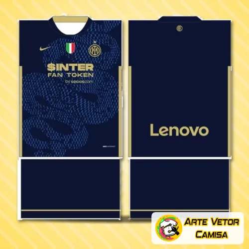 Camisa com logo no peito do Inter de Milão e estampa grande nas costas destacando o design moderno e cores vibrantes do time para 2024, visual impactante e cheio de personalidade.
