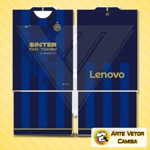 Camisa final com logo no peito e estampa grande nas costas destacando as cores e símbolos do Inter de Milão 2024, mostrando um design moderno e vibrante.