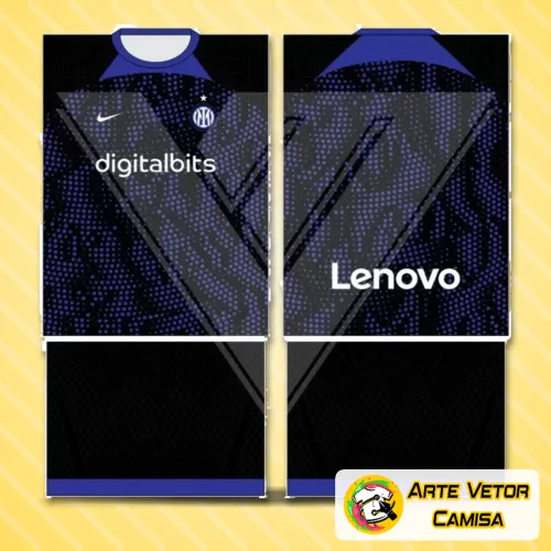 Camisa do Inter de Milão com logo no peito e estampa grande nas costas, combinando as cores clássicas do time para uma aparência moderna e vibrante, ideal para torcedores apaixonados.