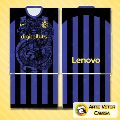 Camisa Inter de Milão 2024 com logo no peito e estampa grande nas costas, exibindo as cores tradicionais do time com design moderno e marcante, ideal para torcedores apaixonados.