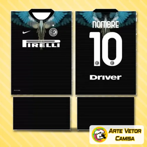 Camisa final com logo no peito e estampa grande nas costas em destaque, exibindo o design da temporada 2024 do Inter de Milão com cores vibrantes e traços modernos que realçam a identidade do time.