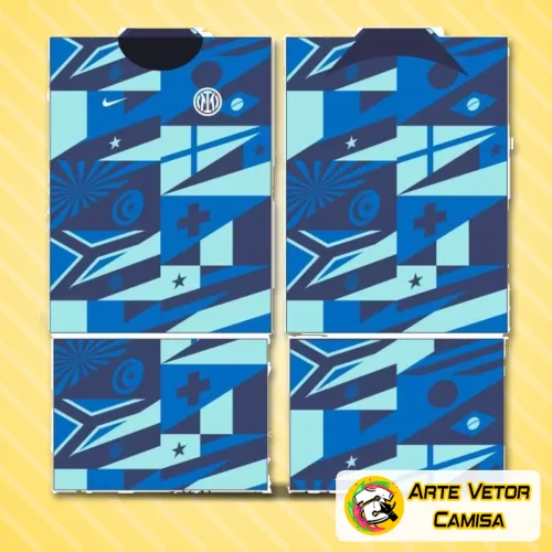 Camisa preta com detalhes azuis do Inter de Milão, apresentando logo no peito e estampa grande nas costas que destaca o escudo do time com design moderno e vibrante.