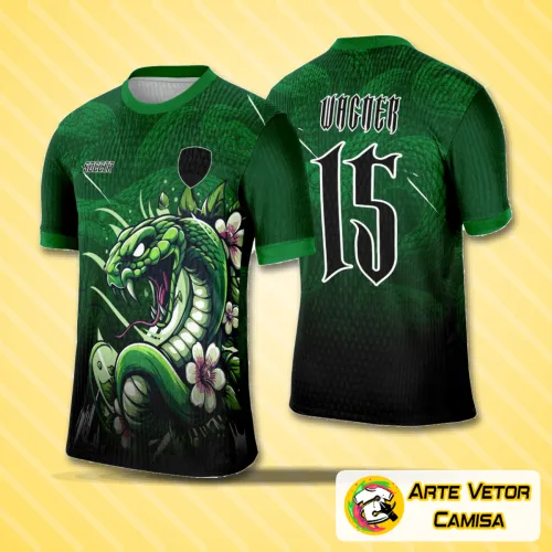 Camisa com logo no peito e estampa grande nas costas em tom verde vibrante, destacando o design exclusivo da Cobra Verde para eventos interclasse, ideal para grupos e turmas.