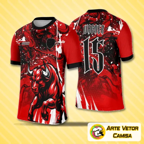 Camisa com logo no peito e estampa grande nas costas apresentando um Touro Vermelho imponente, perfeita para eventos escolares ou esportivos, transmitindo força e união.