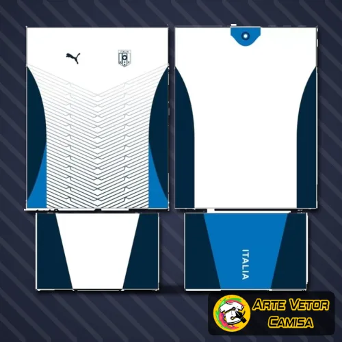 Foto da camisa final com logo no peito e uma estampa grande nas costas que destaca detalhes modernos inspirados na seleção italiana de 2024, com cores vibrantes e design arrojado.