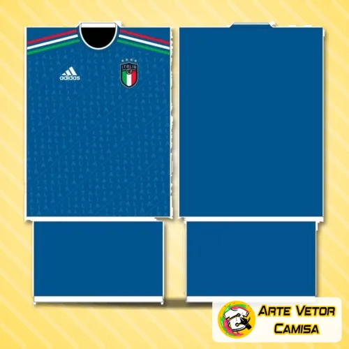 Camisa com logo da Itália no peito e estampa grande nas costas mostrando design contemporâneo com cores vibrantes e detalhes únicos que destacam paixão e estilo futebolístico.
