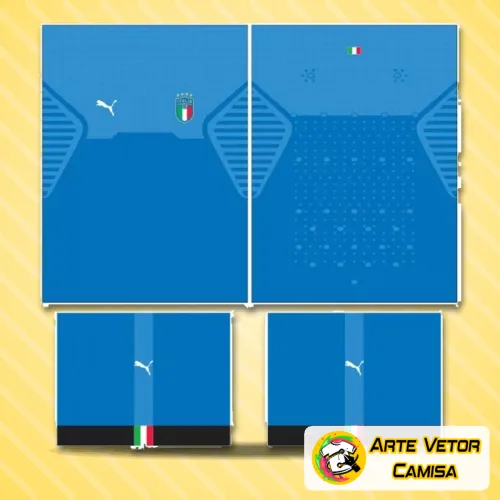 Imagem da camisa final com logo no peito e estampa grande nas costas, apresentando design moderno inspirado na seleção italiana de futebol 2024 com cores vibrantes e detalhes sofisticados.