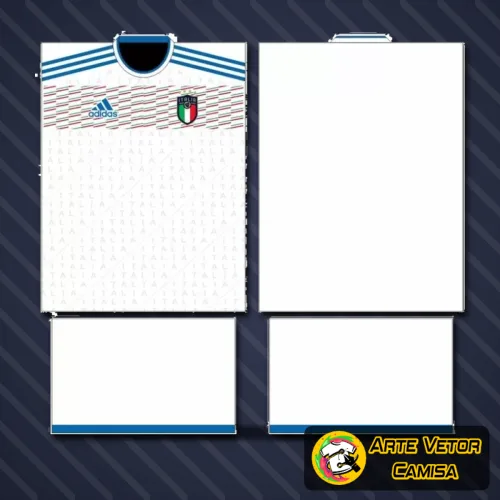 Imagem de uma camisa da seleção italiana com logo no peito e uma estampa grande nas costas destacando as cores e detalhes da temporada 2024.