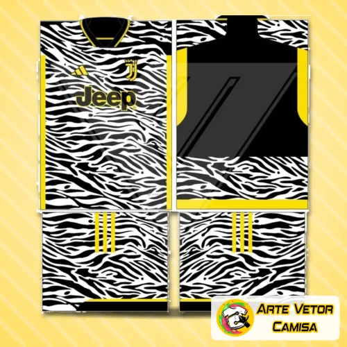 Imagem mostrando uma camisa Juventus com o logo no peito e uma estampa grande nas costas, exibindo as cores tradicionais do time em design arrojado e detalhado.