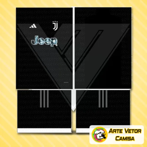 Foto da camisa Juventus com logo no peito e estampa grande nas costas, mostrando design clássico e marcante em cores preto e branco, ideal para fãs do time.