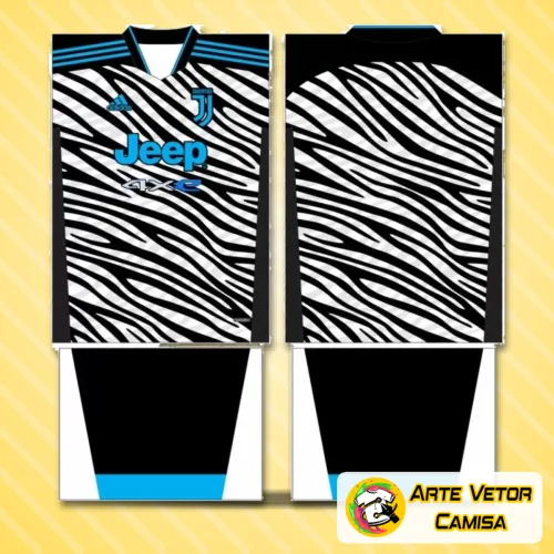 Imagem da camisa Juventus com logo no peito destacado e uma estampa grande nas costas que exibe as cores e detalhes característicos do time de forma vibrante e moderna.