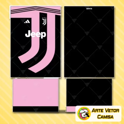 Imagem da camisa Juventus com logo no peito e estampa grande nas costas, apresentando design moderno e detalhes em preto e branco que destacam a identidade do clube.