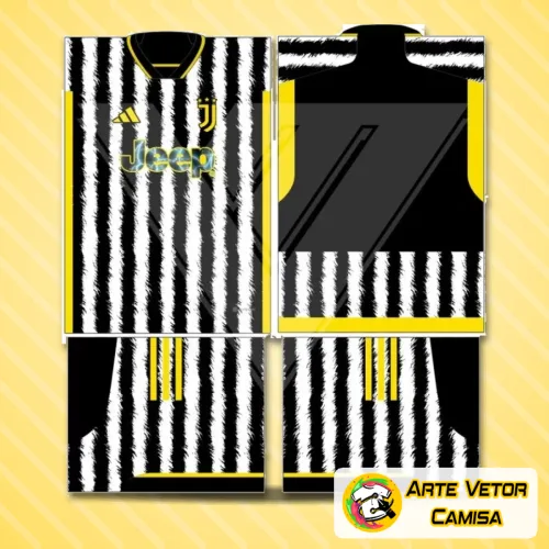 Camisa preta e branca com logo no peito e estampa grande nas costas, representando com detalhes marcantes o estilo Juventus. Ideal para quem busca um visual autêntico e vibrante em qualquer ocasião.