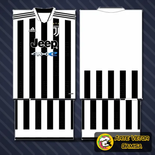 Foto de camisa Juventus com logo no peito e estampa grande nas costas, exibindo detalhes modernos e cores vibrantes que destacam o design único do uniforme.