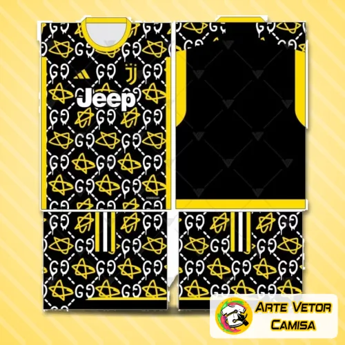 Foto da camisa Juventus com logo no peito e estampa grande nas costas, exibindo design moderno e estiloso, perfeita para fãs do time que valorizam autenticidade e originalidade em cada detalhe.